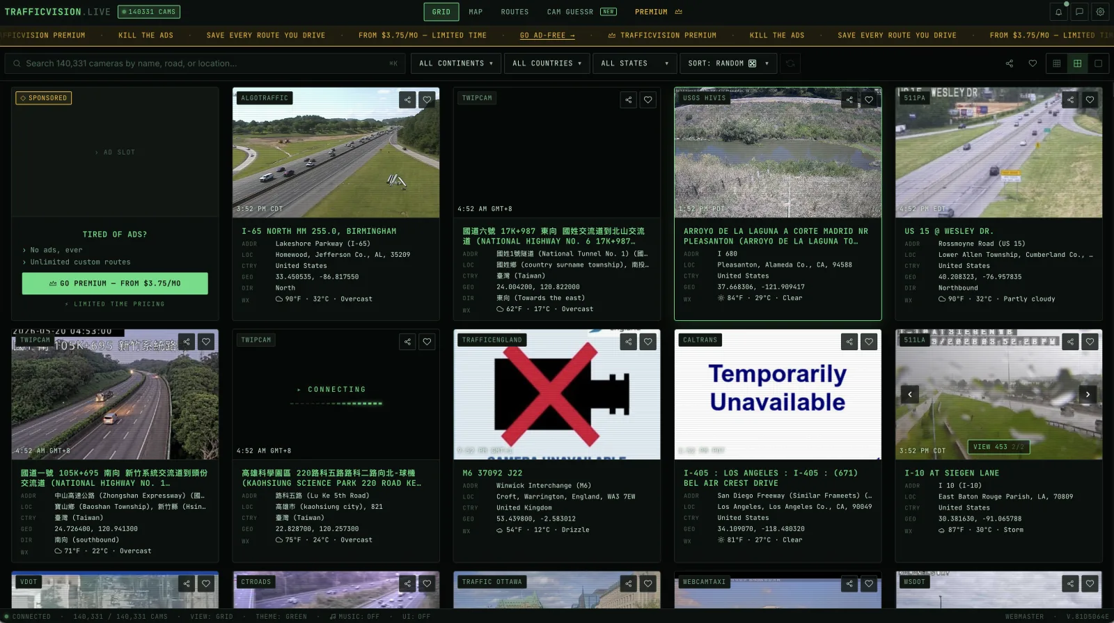 The TrafficVision.Live interface showing a world map of live traffic and webcam locations